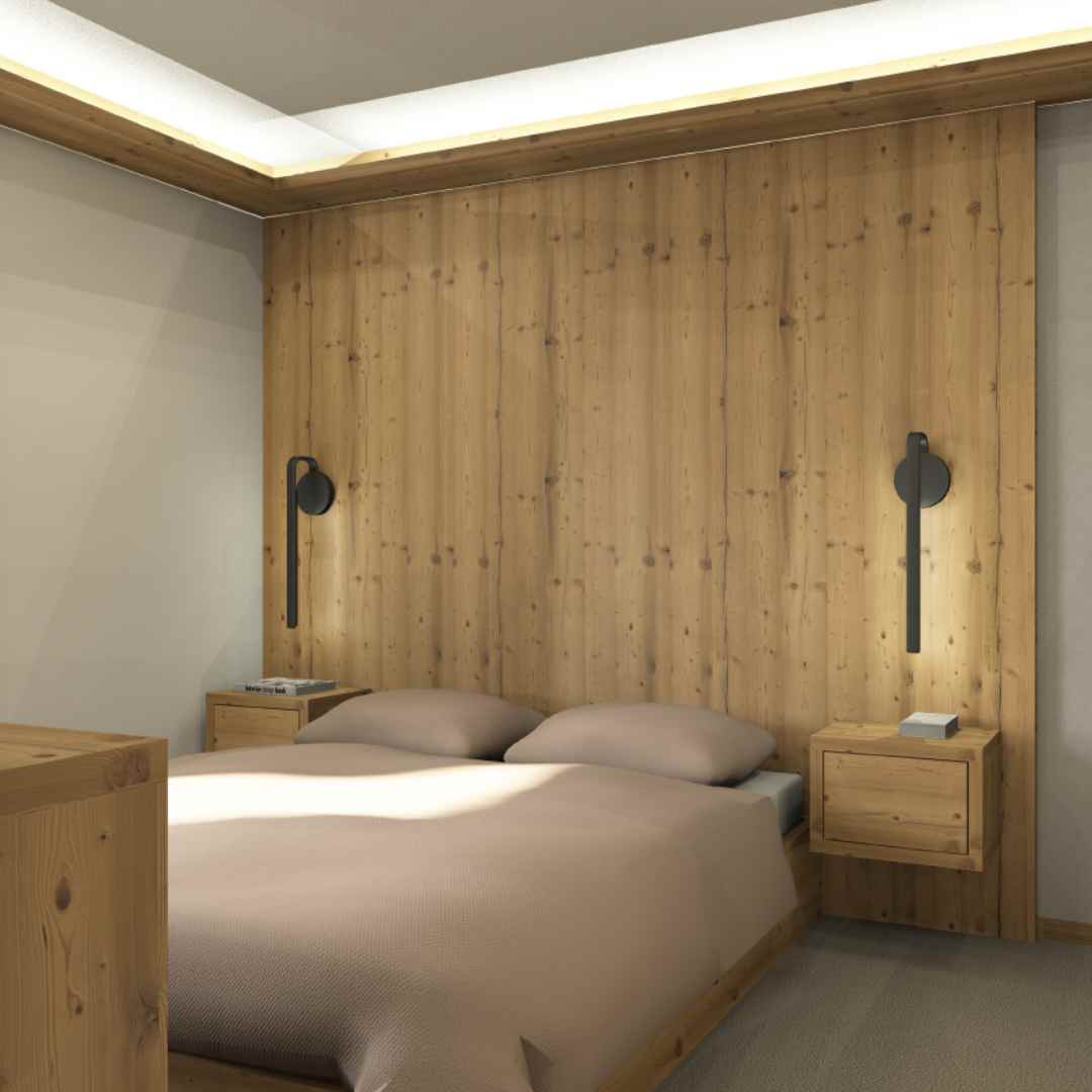 Progettazione dell'arredo in legno per una camera padronale